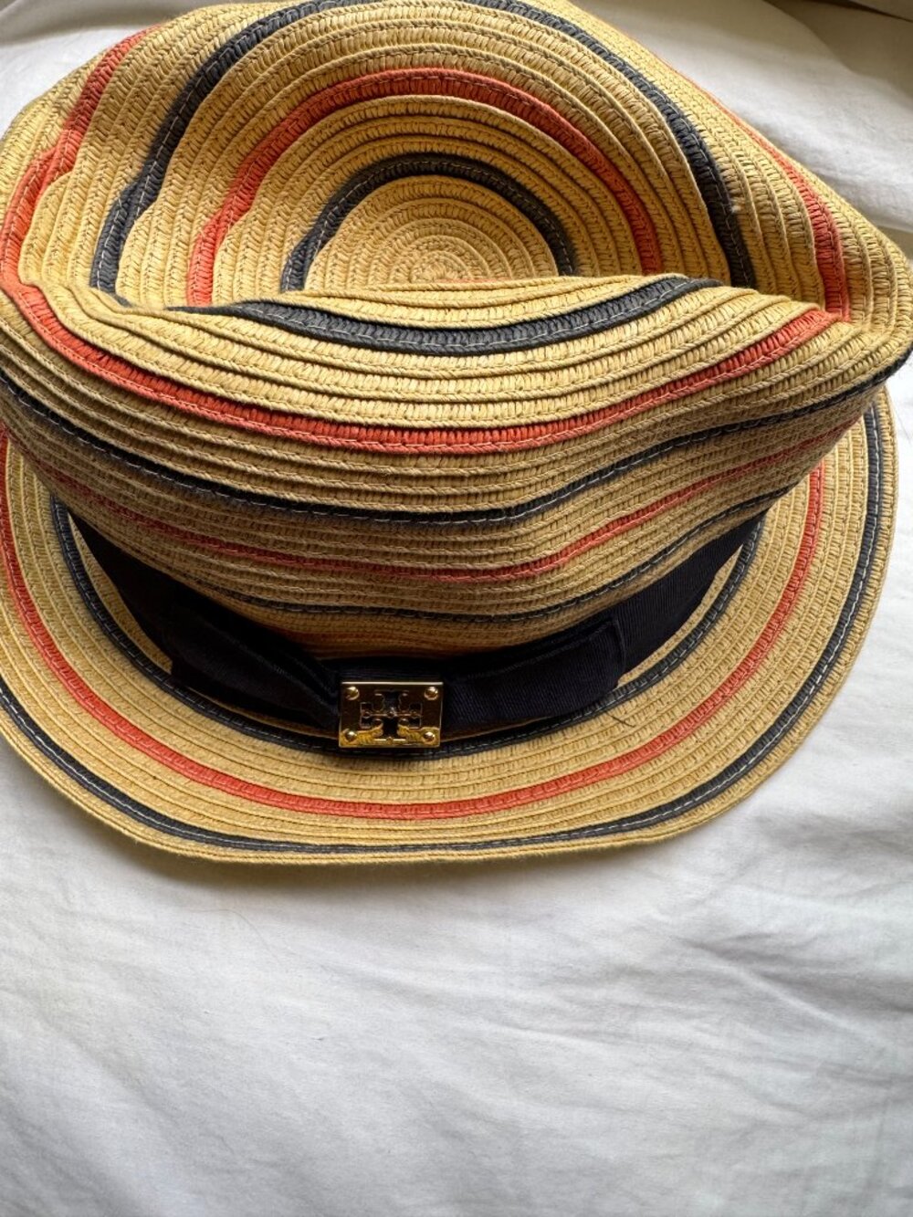 Tory Burch Straw Fedora Hat Navy Coral Stripe Gold Logo - Picture 2 of 6